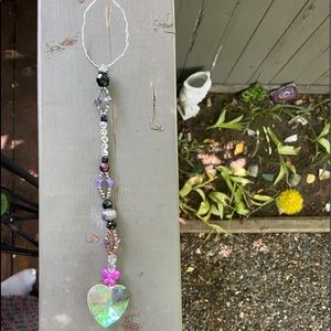 Handmade Purple Peace & Love Heart Suncatcher Wire w Upcycled & New Beads